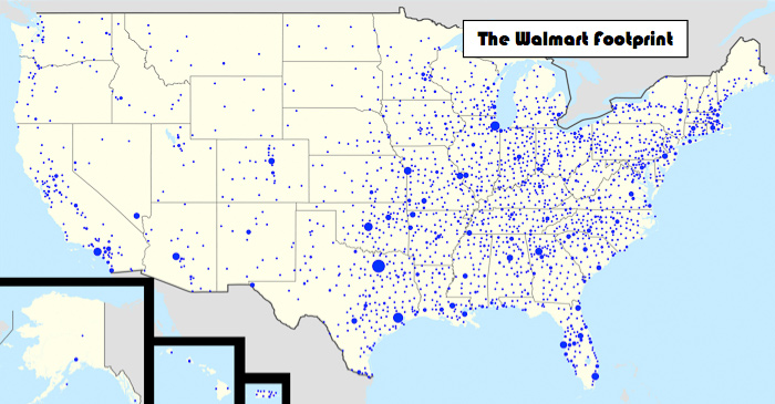 Image of US map, including Puerto Rico; shaded with blue dots. Size of dots indicates the number of stores in the area.