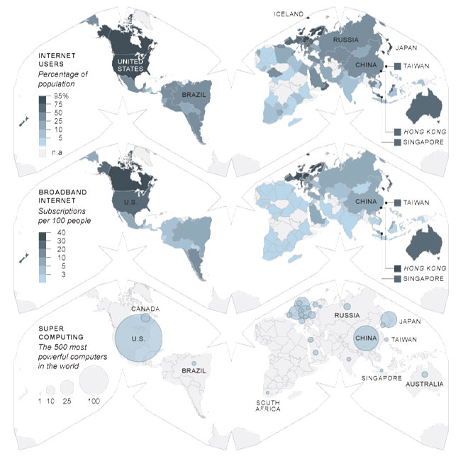 Images of three world maps. The first illustrates the percentage of Internet users. The second illustrates the number of subscribers with broadband Internet. The third illustrates the number of supercomputers in the world.