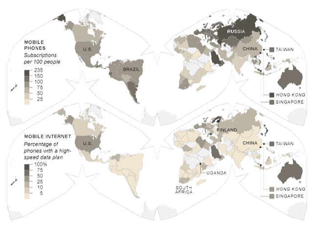 A set two maps; the top illustrates the number of phones per 100 people; the bottom illustrates the percentage of those phones with high speed data plans.