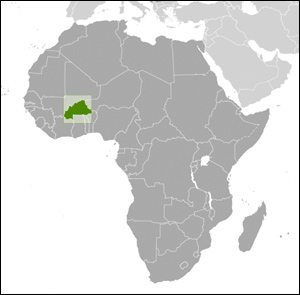 Image of a continental map of Africa that highlights Burkina Faso