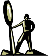 Image of a figure representing a detective holding a very large magnifying glass.