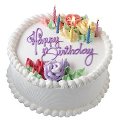 Image of a round birthday cake decorated with flowers and candles