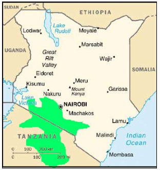 Image of a map of Kenya, and Tanzania; the area of the Maasai is shaded