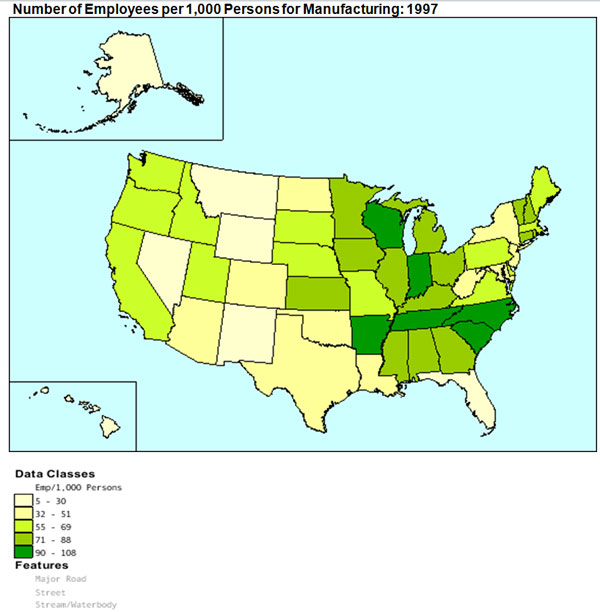 Map of US , shaded to illustrate number of employees per 1000 persons working in manufacturing.