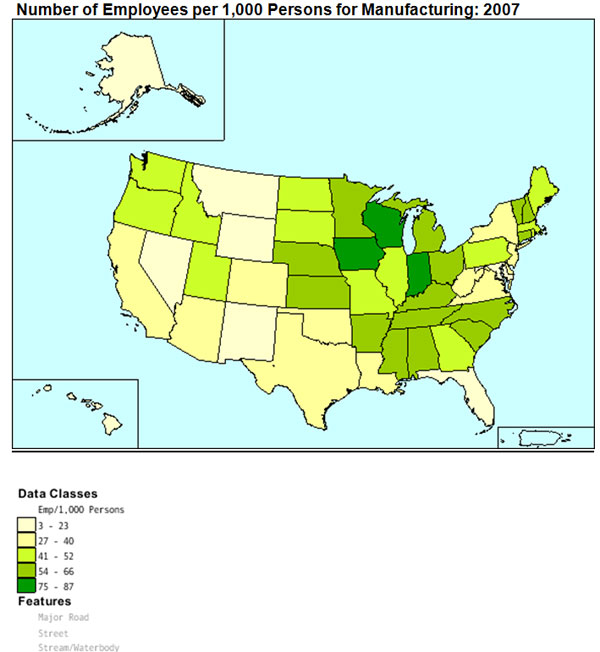 Map of US , shaded to illustrate number of employees per 1000 persons working in manufacturing.