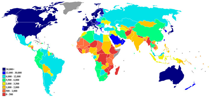 Image of a world map shaded based on GDP per country. 