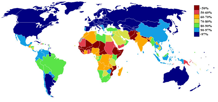 Image of a word map shaded to illustrate the literacy rate of each country.