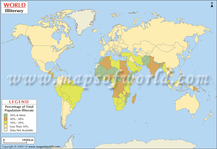 Image of a world map with a legend that reads 'Percentage of Total Population Illiterate'