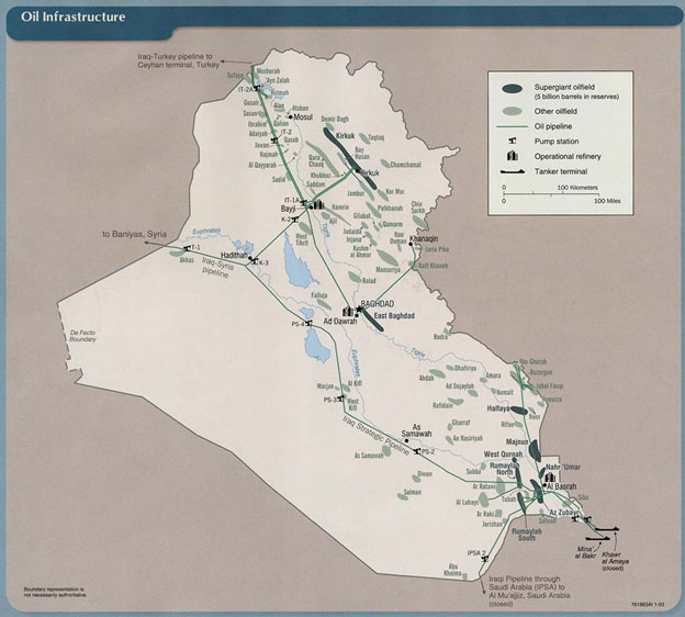 Image of a map of Iraq that illustrates the location of oilfields and oil pipelines