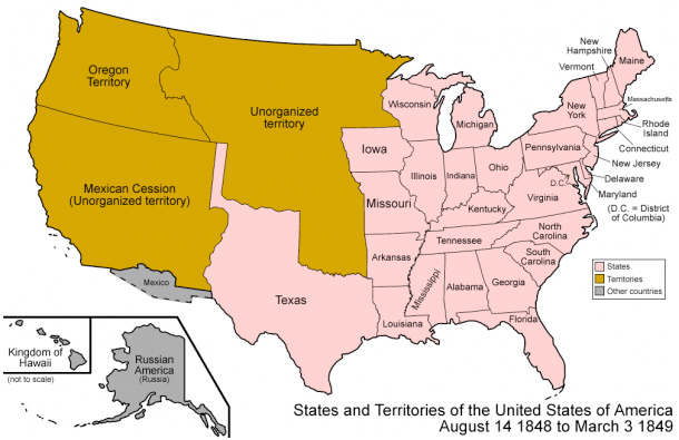 Image of a map of the United States and its Territories from August 14, 1848 to March 3, 1849