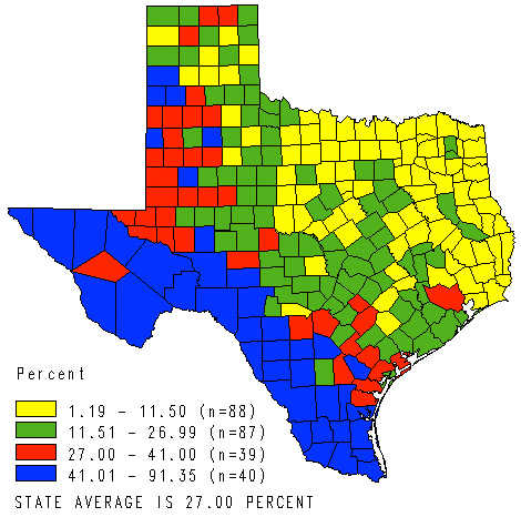 Map of Texas divided by counties and shaded by the percent of Spanish speaking homes