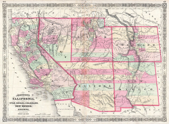 Image of an old map of what is now southwestern United States. The map highlights the states of California, Nevada, Utah, Colorado, Arizona and New Mexico.