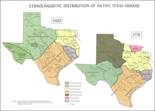 Image of two maps of Texas that are divided by various cultures. The left map represents 1500 and the right map represents 1776.