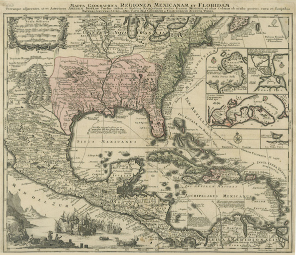 This map is written in Spanish. It shows the U.S., east of the Rocky Mountains, Mexico, and the Caribbean Islands. It highlights the areas of Texas (east of the Rocky Mountains to Florida.