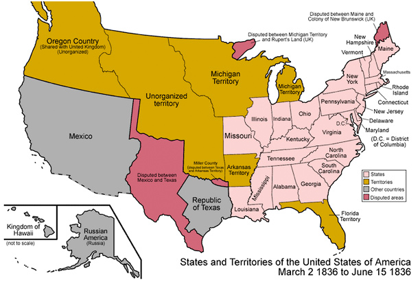 Map of the United States divided by the states and territories of the US from march 2, 1836 to June 15, 1836