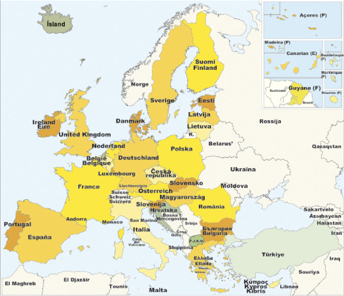 Map of Member Countries of the European Union Members and their territories.