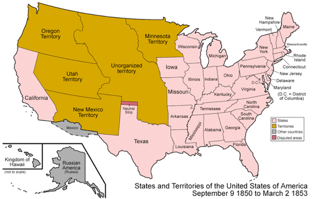 Map of the US divided by the states and territories of the US from September 9, 1950 to March 2, 1853. 