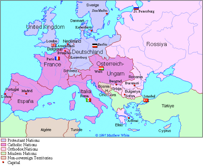 Map of Europe in 1900; the legend indicates that the map is broken up into nations based upon predominant religions; each country is labeled in its own language.