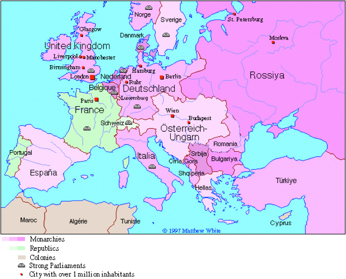 Map of Europe in 1914; the legend indicates that the map is broken up into nations based on types of governments (monarchies or republics) and colonies; each country is labeled in its own language.