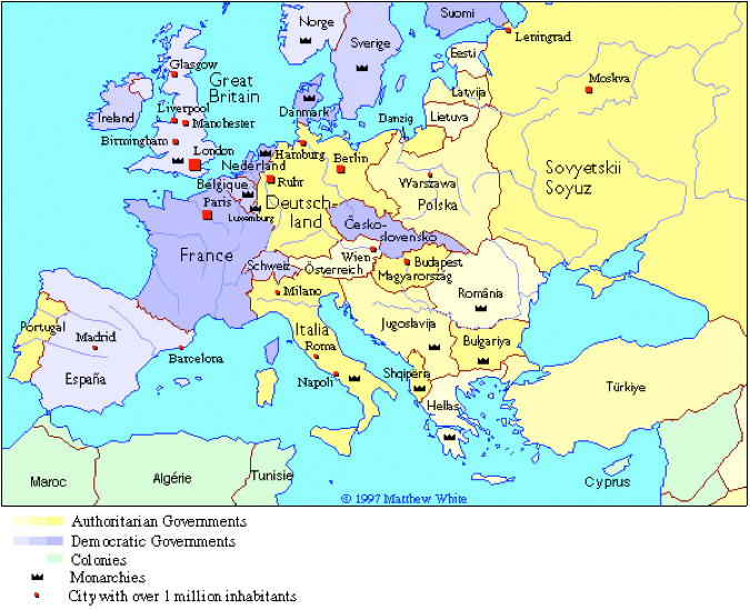 Map of Interwar Europe in 1937; the legend indicates that the map is broken up into nations based on types of governments (authoritarian or democratic), monarchies, and colonies; each country is labeled in its own language.
