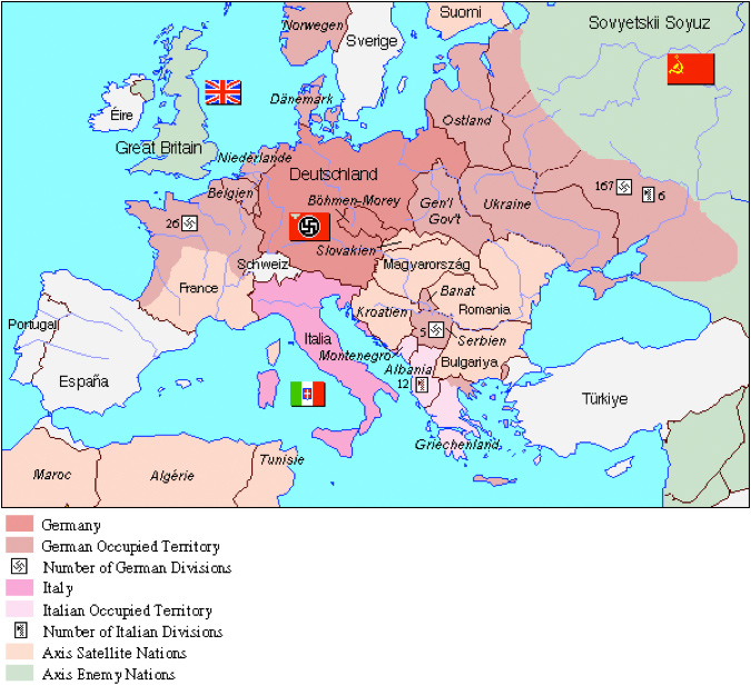 Map of Europe in 1942; the legend indicates that the map is broken up into nations based on occupation of members of the Axis powers (Germany or Italy); each country is labeled in its own language.