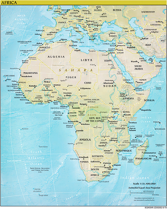 Image of a political map of Africa. Europe is also shown north of the continent of Africa.