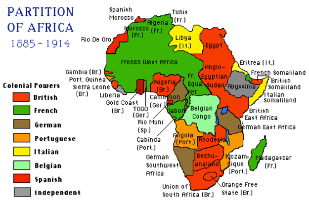 Image of a map of Africa, titled 'Partition of Africa'. The countries are color coded by the colonial powers: British, French, German, Portuguese, Italian, Belgian, Spanish, and Independent. 