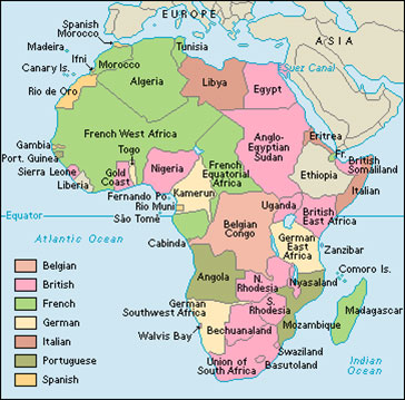 A map of Africa organized by European colonial control.