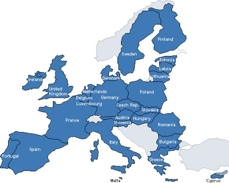 Image of a map of Europe. The members of the EU are the only labeled countries.