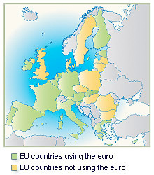 Image of a map of Europe illustrating which EU countries use the euro