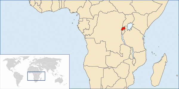 Image o f a partial political map of Africa where Rwanda is highlighted. There is an attached global outline map that illustrates and approximate location of Rwanda.