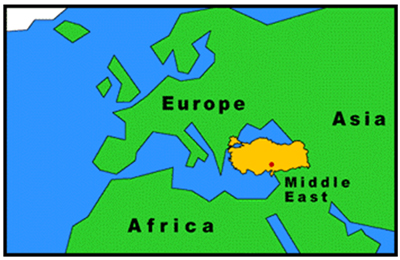 A map of Catalhoyuk, which shows that Catalhoyuk is located at the crssroads of Europe, Africa, and Asia.