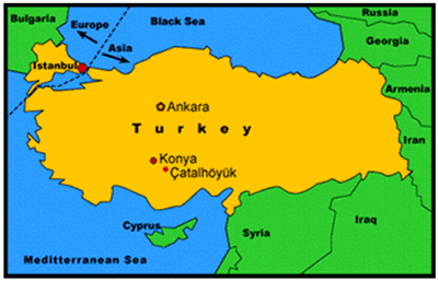 A map of Catalhoyuk, which shows that Catalhoyuk is located at the crssroads of Europe, Africa, and Asia.