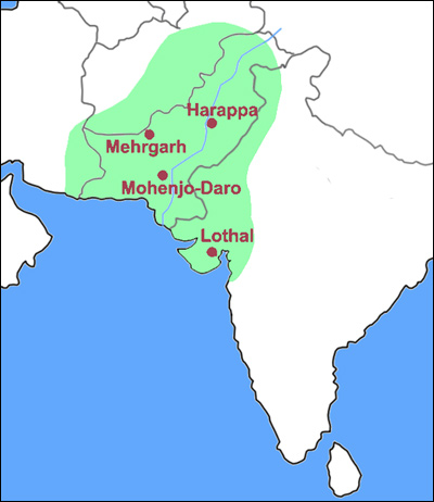 a map of India featuring the Indus river civilizations of Harappa, Mehrgarh, Mohejo-Daro, and Lothal