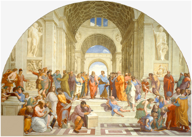 A painting of the school of Athens showing young discussing academic subjects with each other.