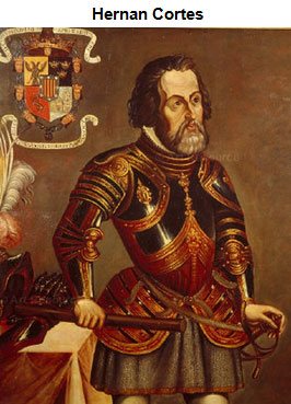 Painting of Hernan Cortes, standing in his armor and holding a sword.