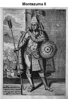 Drawing of Montezuma II, dressed in ceremonial dress and holding a spear and shield.