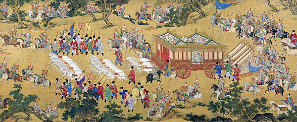 A painting of a Chinese royal procession with a large horse drawn carriage the size of a house flanked by soldiers walking and on horse-back.