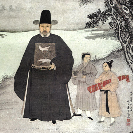 A painting of a Chinese official with two servants. The markings on this Chinese official's chest indicate that he has passed the civil service exam and attained high rank in the bureaucracy.