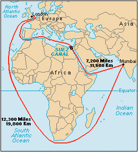 A map of Africa showing the sea routes: around the horn in South Africa, and through the Suez Canal. Using this map it is clear that the Suez Canal route is much shorter.