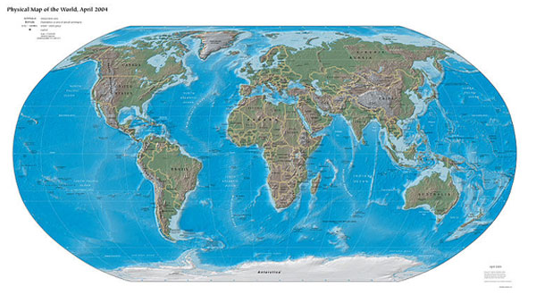 A current World map featuring continents and oceans.