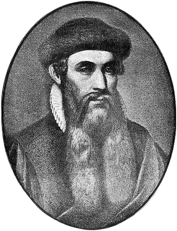 A portrait of Johannes Gutenberg. He is a middle aged man with a long beard wearing a hat and clothes typical of the fifteenth century.