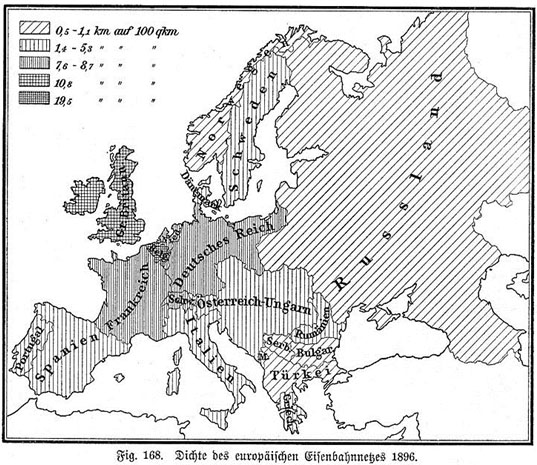 A special purpose map showing railway density in Europe 1896