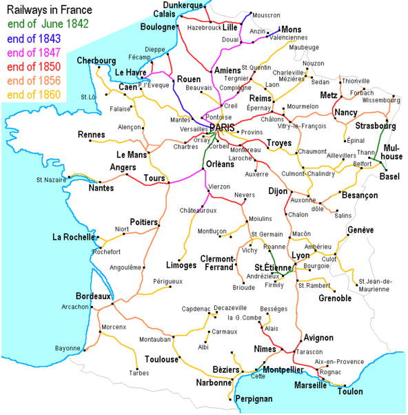 A special purpose map showing the spread of railways through France from the years 1842 to 1860.