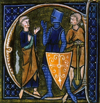 A middle ages painting of a Knight in armor, a cleric, and a workman holding a shovel.