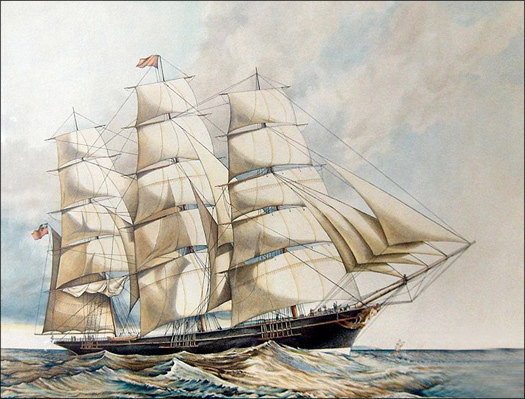 A painting of the British clipper, ship Thermopylae under full sail. This kind of ship was used for trans-ocean trading.