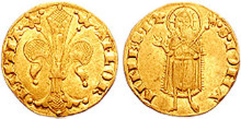 A photograph of an old Fiorino/Italian gold coin, front and back. On one side is a religious figure, possibly the Pope, and on the other is a Fleur de lis.