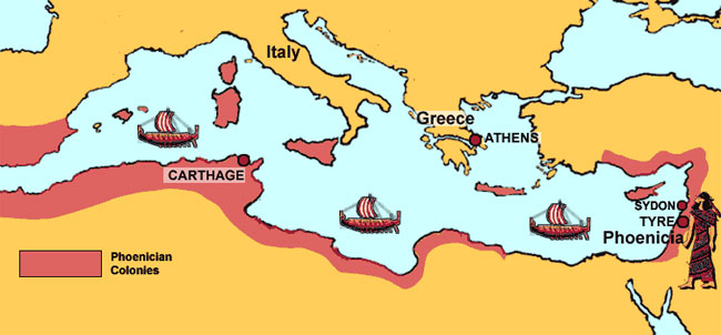 A special purpose map of the Mediterranean showing the various locations of Phoenician colonies throughout North Africa, Southern Spain, the coastal Middle East, Malta, Sicily, and Crete.