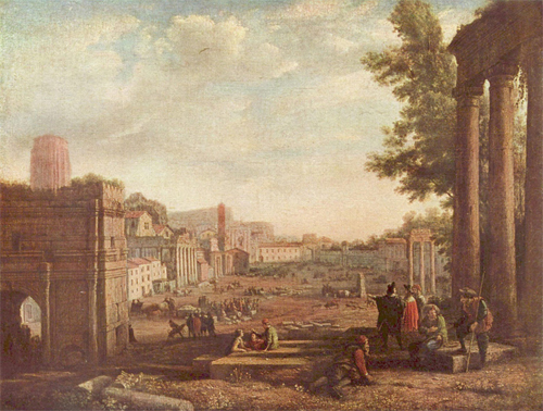 A painting depicting people socializing in/around the center of Rome surrounded by buildings and arches