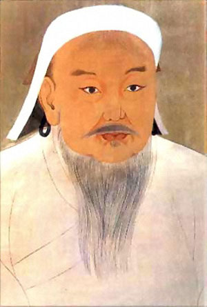 A portrait of Genghis Khan in his later years. He has a long white beard and is wearing traditional Mongol headgear.